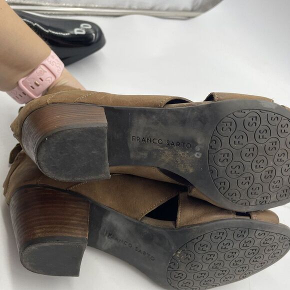 Womens Franco Sarto Suede Booties Rocker Cut Out Peep‎ Toe Zip Brown 9.5 M - Picture 7 of 8